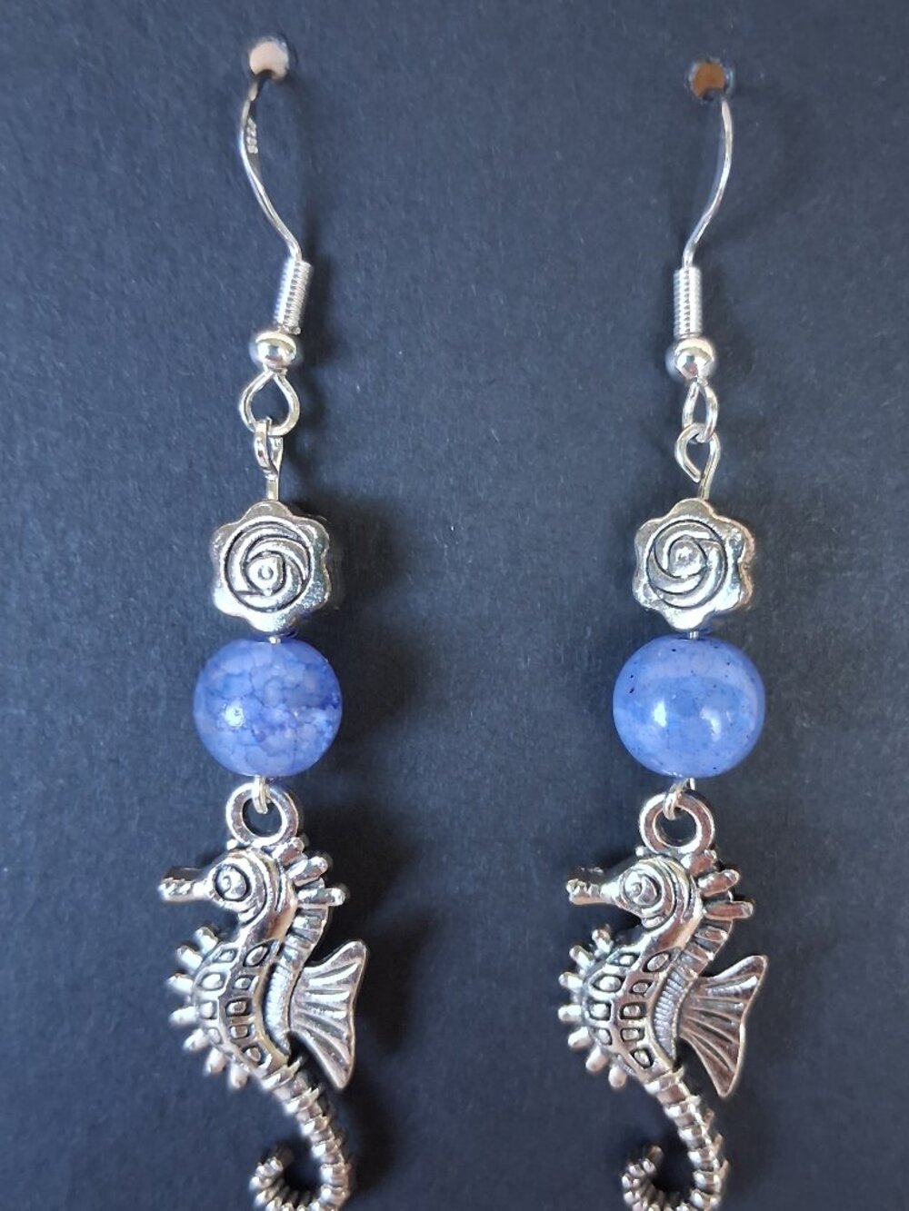 Homemade blue glass silver plated earrings with seahorse charms